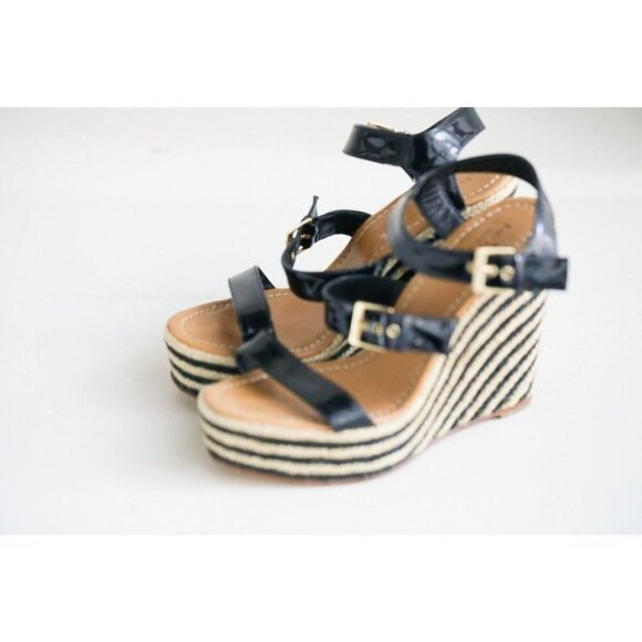 NEW Kate Spade Classic Black PAtent Leather Striped Wedge Espadrilles 10 - Picture 5 of 8